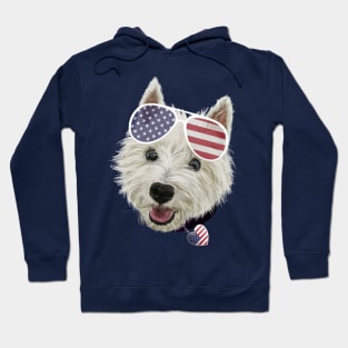 Westie Dog Fourth Of July USA Flag Glasses And Heart Hoodie